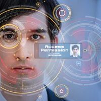 Biometrics concept. Facial Recognition System. Iris recognition.